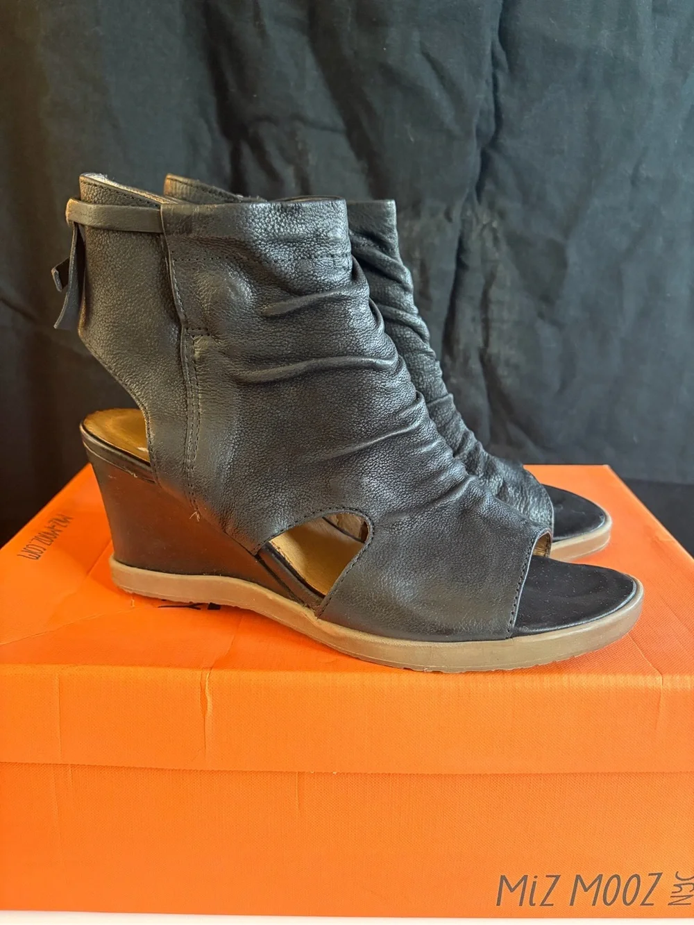 Miz Mooz Becca size 38 (8 ish women )Wedge Peep-Toe Ankle Boots in Black